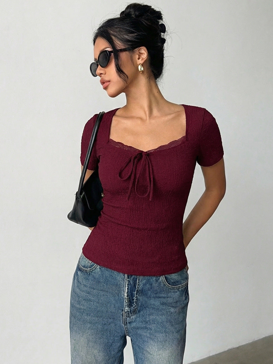 Smocked Lace Trim Tie Front T-Shirt