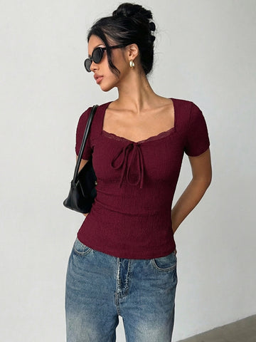 Smocked Lace Trim Tie Front T-Shirt