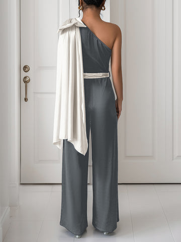 One-Shoulder Bow-Detail Cinched-Waist Evening Jumpsuit