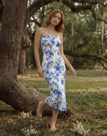 MAIA Floral Print Strapless Sheath Midi Dress