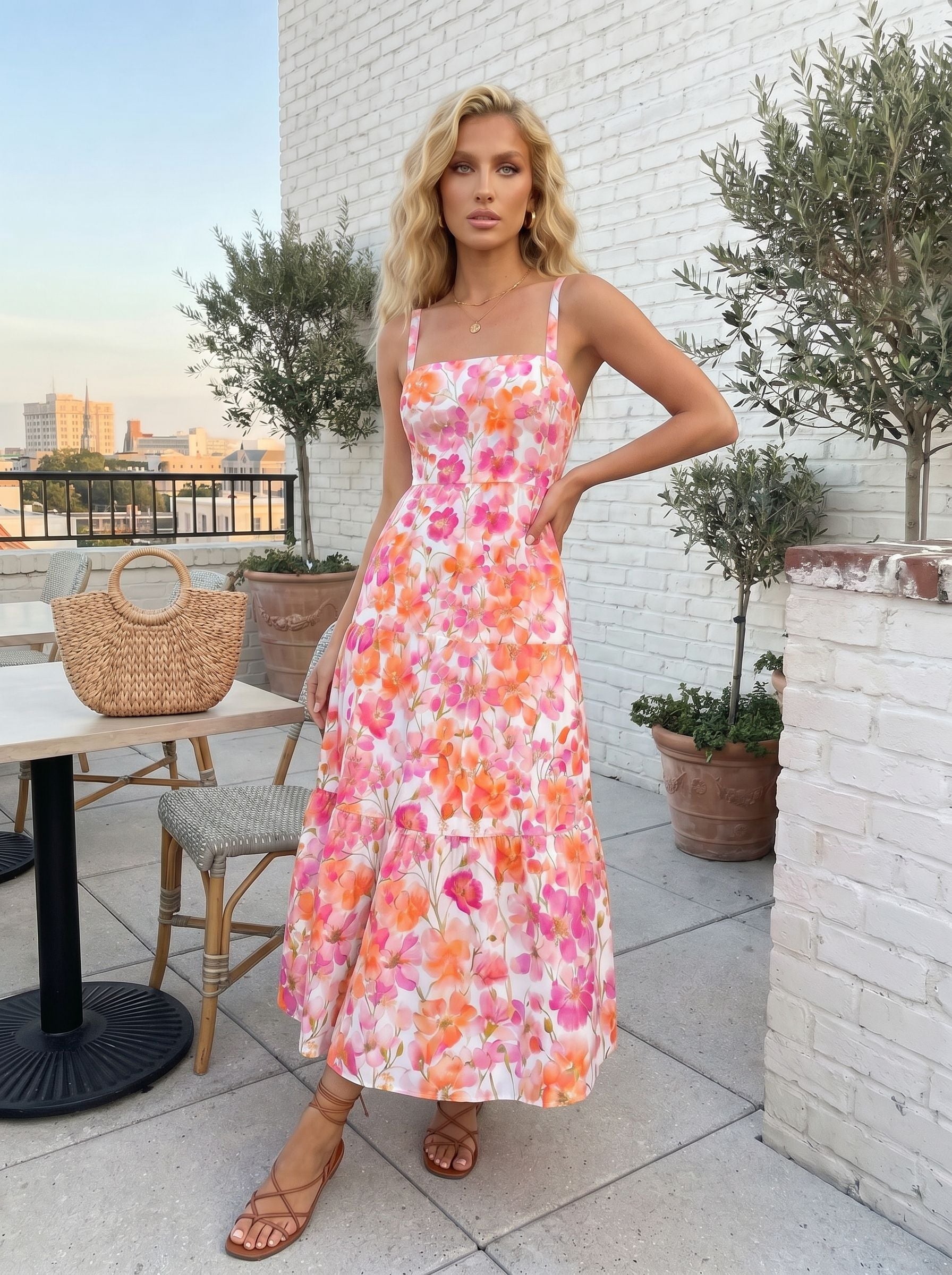tiantian yu's Pink Floral Print Midi Dress