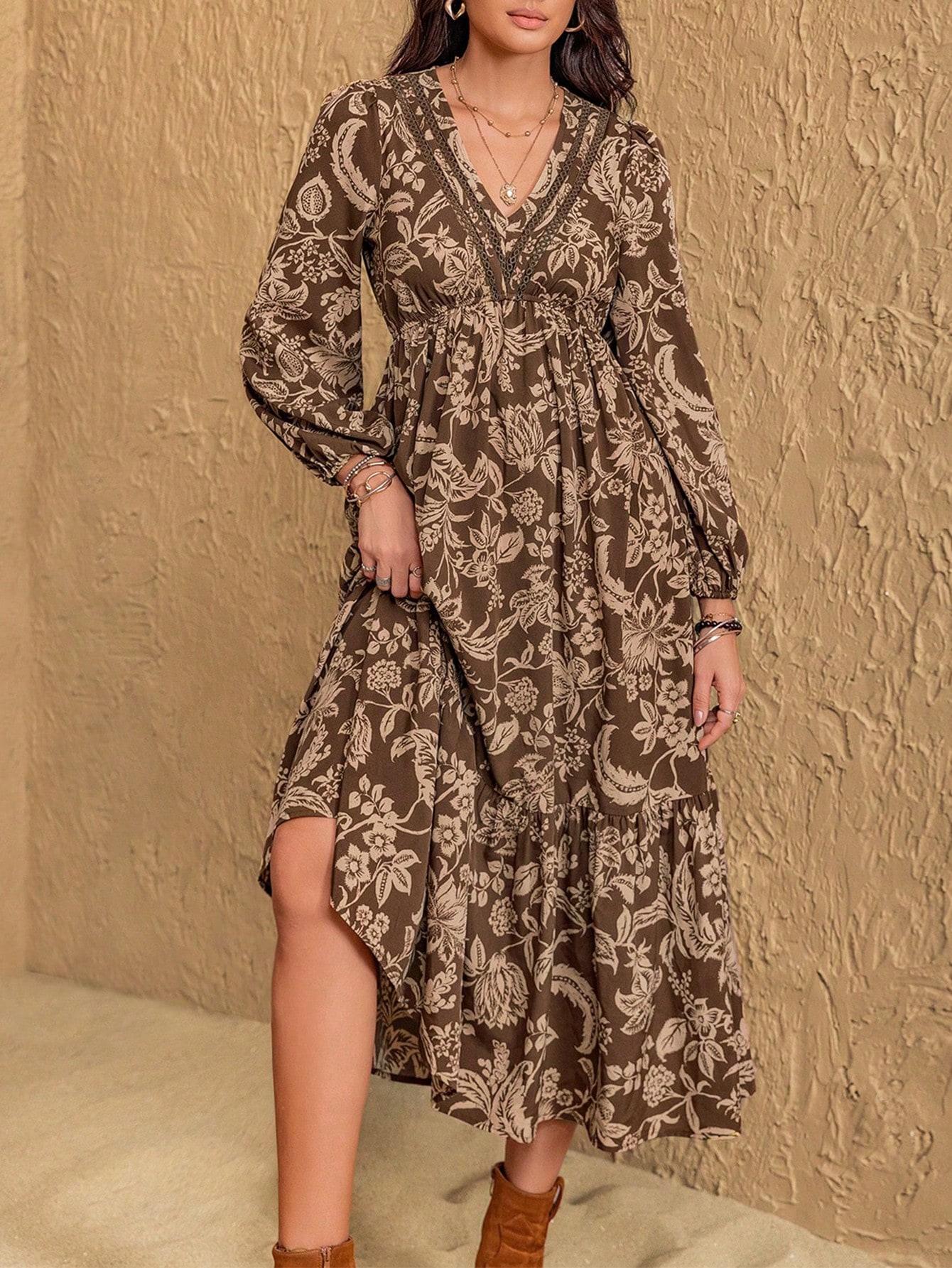 Boho Floral V Neck Midi Dress