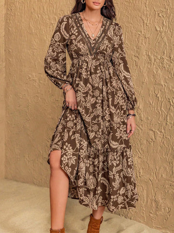 Boho Floral V Neck Midi Dress