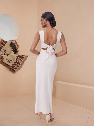 Square Neck Side Slit Elegant Midi Evening Dress