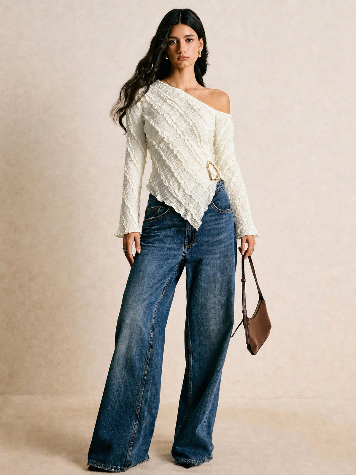 Textured One Shoulder Long Sleeve Top