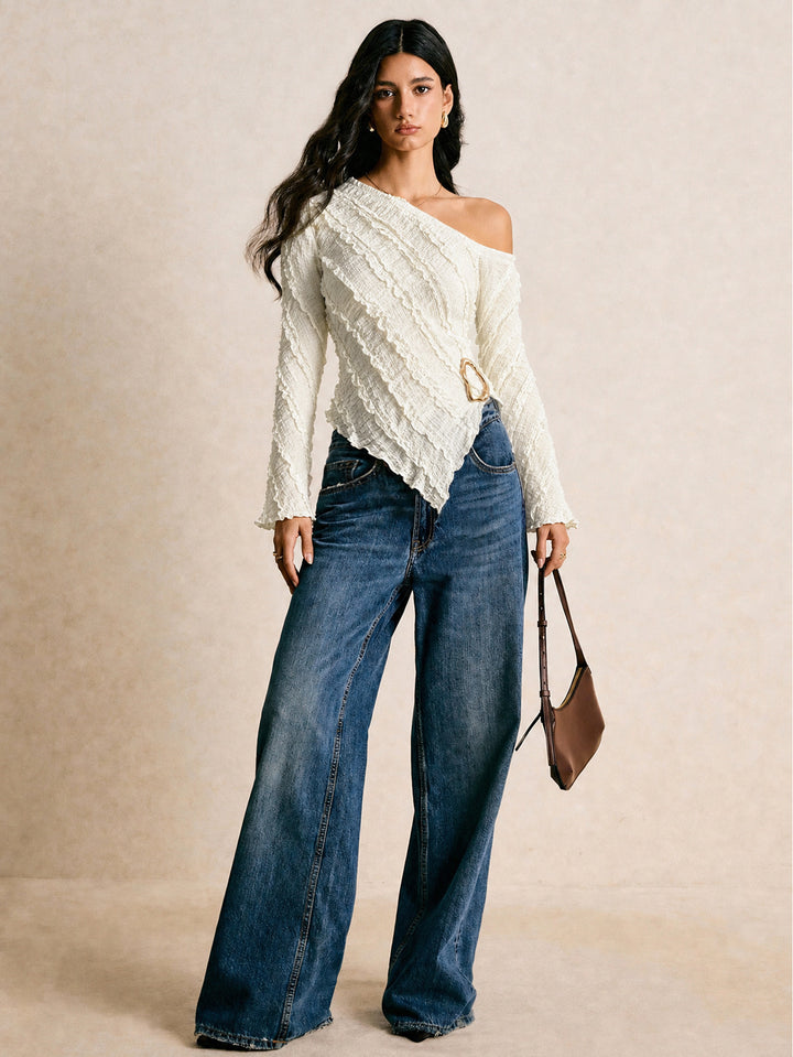 Textured One Shoulder Long Sleeve Top