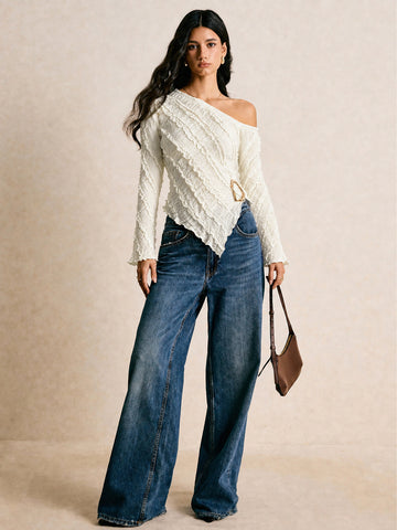 Textured One Shoulder Long Sleeve Top