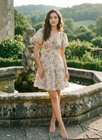 Floral Print Puff Sleeve Tiered Mini Dress