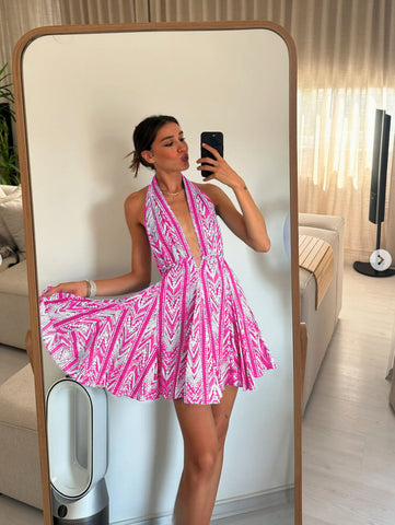 Backless Printed Halter Mini Dress