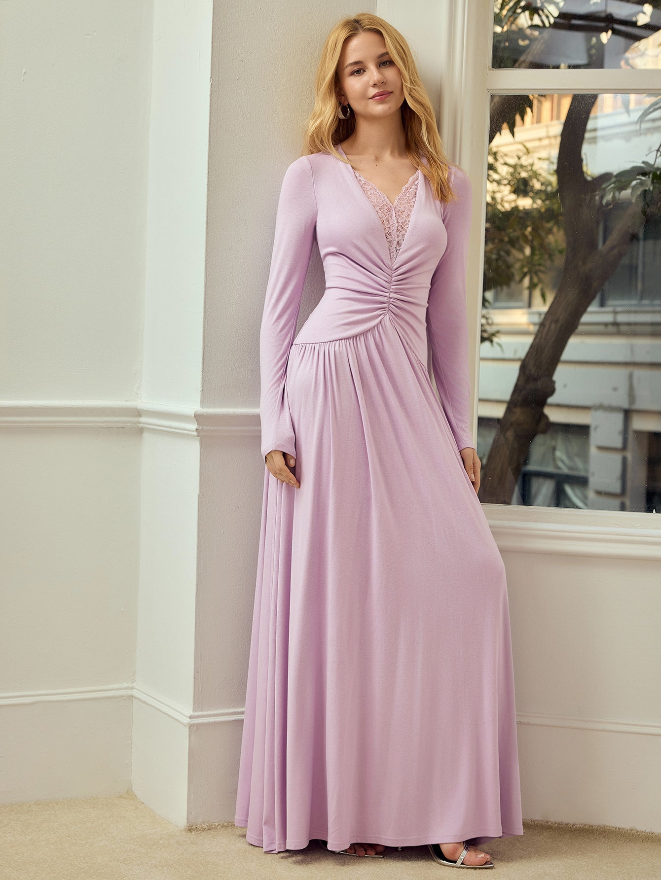 Lace Trim Ruched Maxi Dress