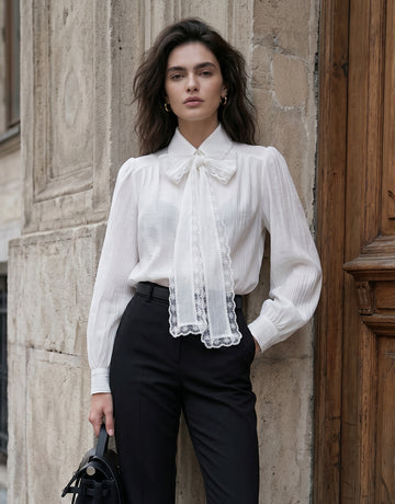 Elegant Lace Bow Tie Button Shirt