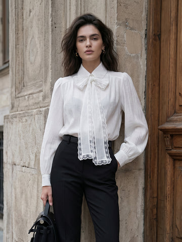 Elegant Lace Bow Tie Button Shirt