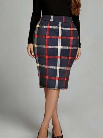 High Waisted Plaid Pencil Skirt