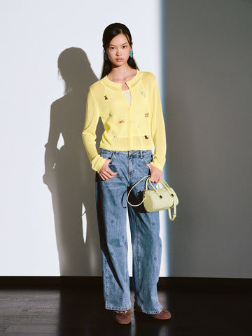 Urban Revivo Embroidered Sheer Knitted Cardigans-light yellow