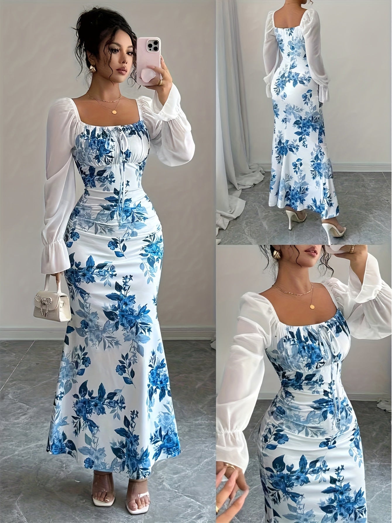 Floral Print Sheer Sleeve Maxi Dress