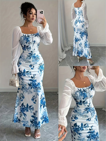 Floral Print Sheer Sleeve Maxi Dress