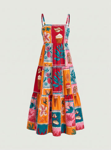 FLORA Floral Print Tiered Strap Midi Dress