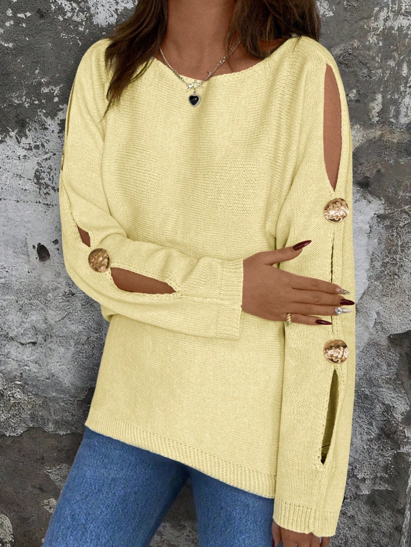 Cutout Button Detail Knit Sweater