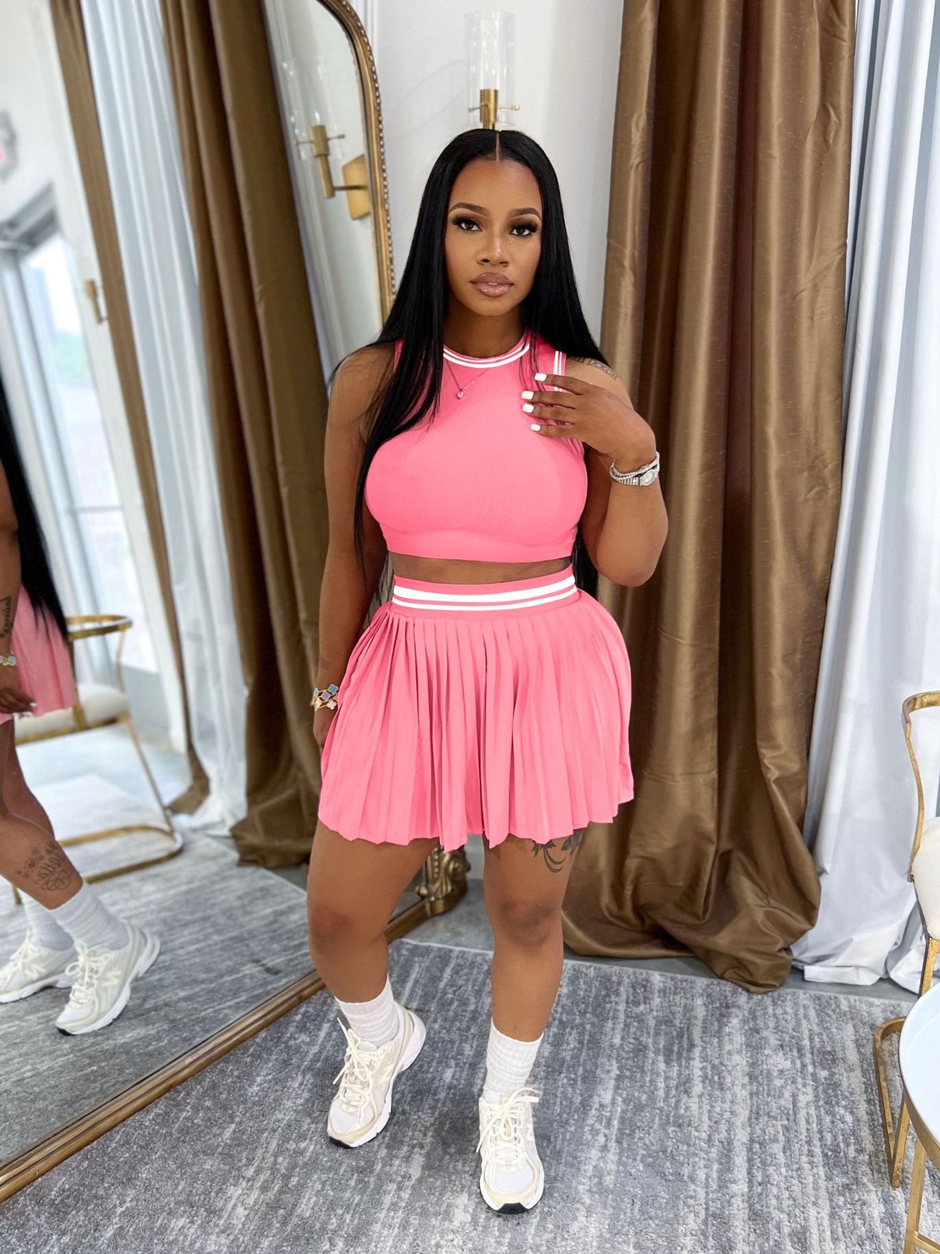 Athletic Ribbed Crop Pleated Skirt Set