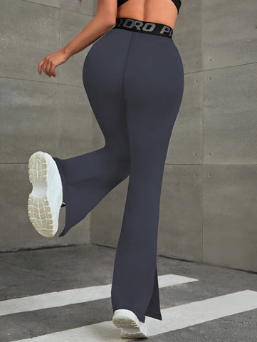 Lettered Waistband Wide-Leg Split-Hem Paneled Yoga Pants