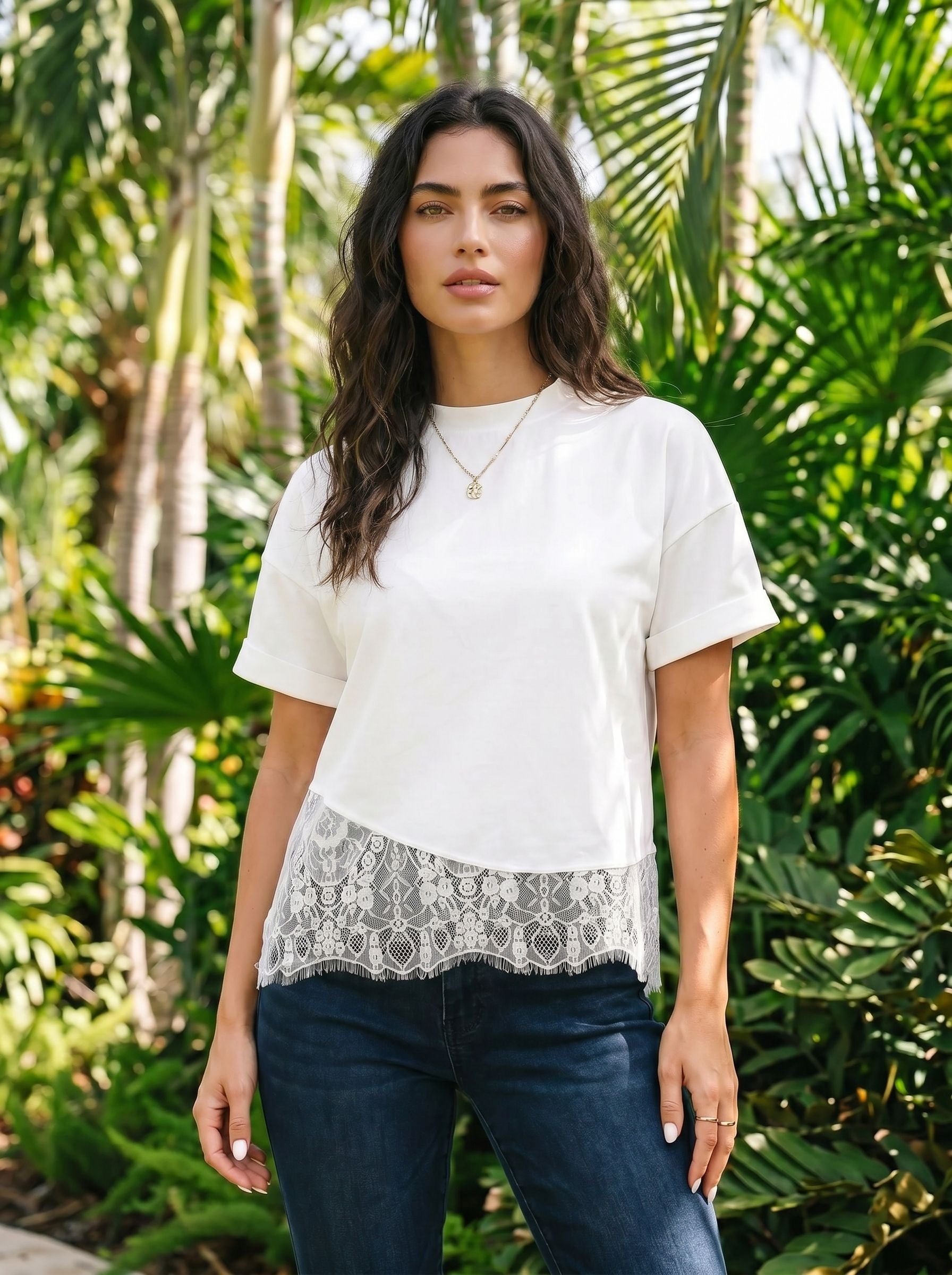 Lace Trim Casual Boxy T Shirt