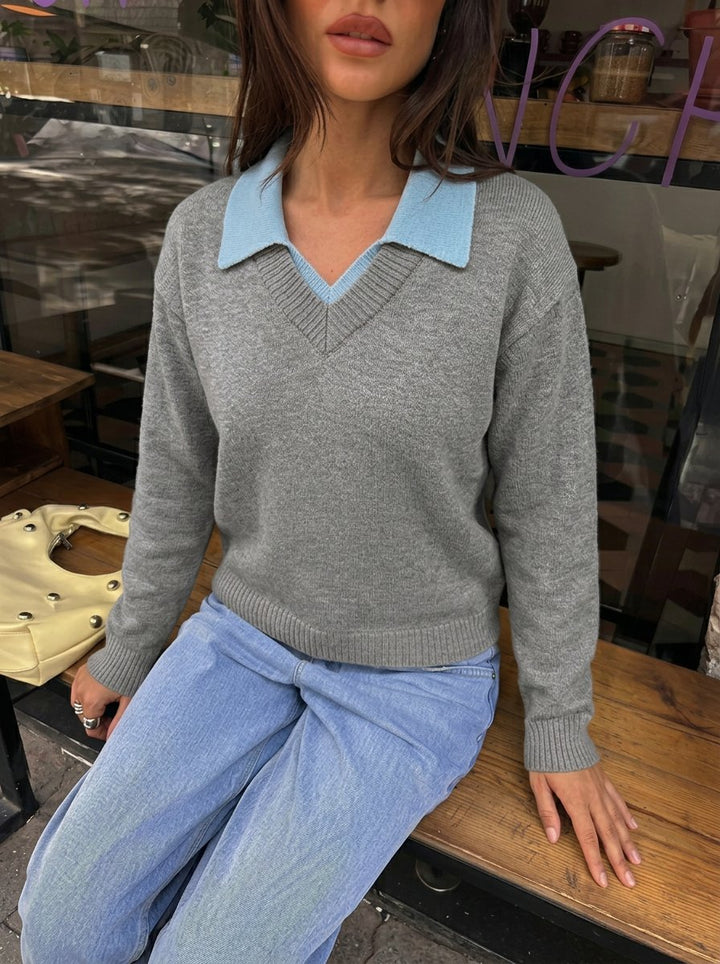Contrast Collar V Neck Sweater