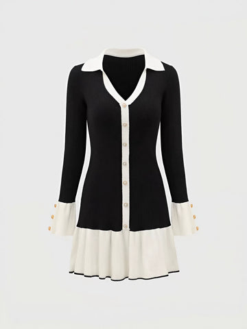 Contrast Button Down Knit Mini Dress