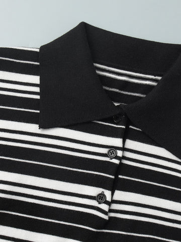 Oversized Striped Polo Collar Knit Sweater