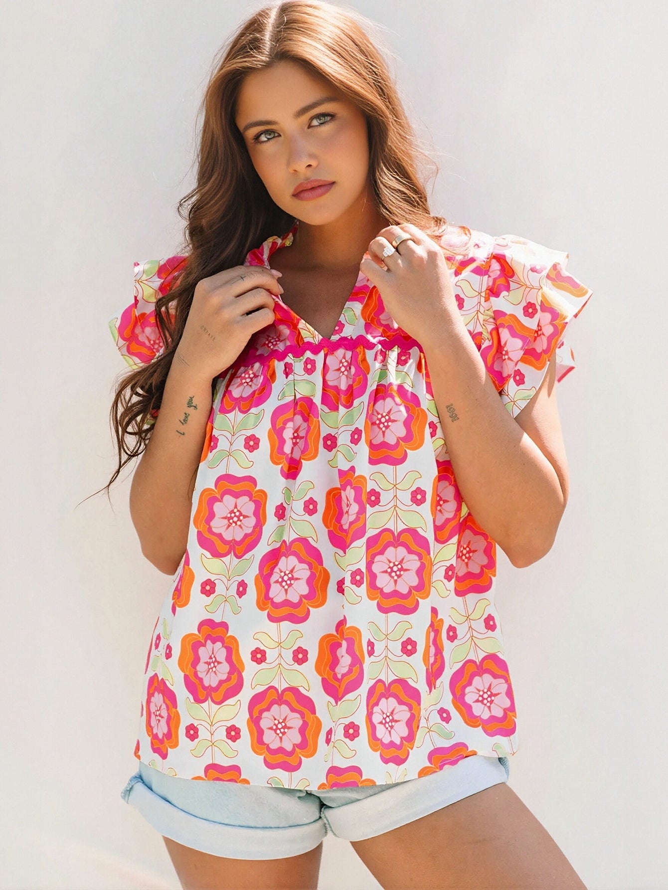 Floral Print V Neck T-Shirt