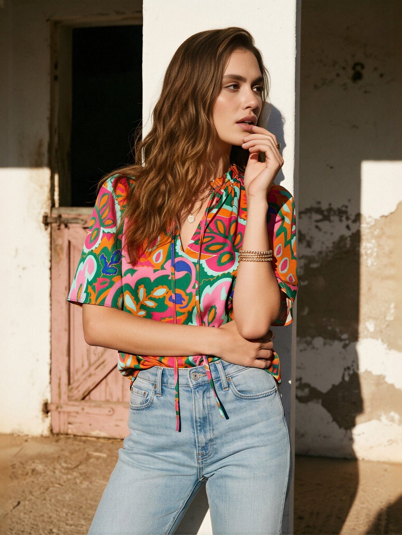 V Neck Floral Print Blouse
