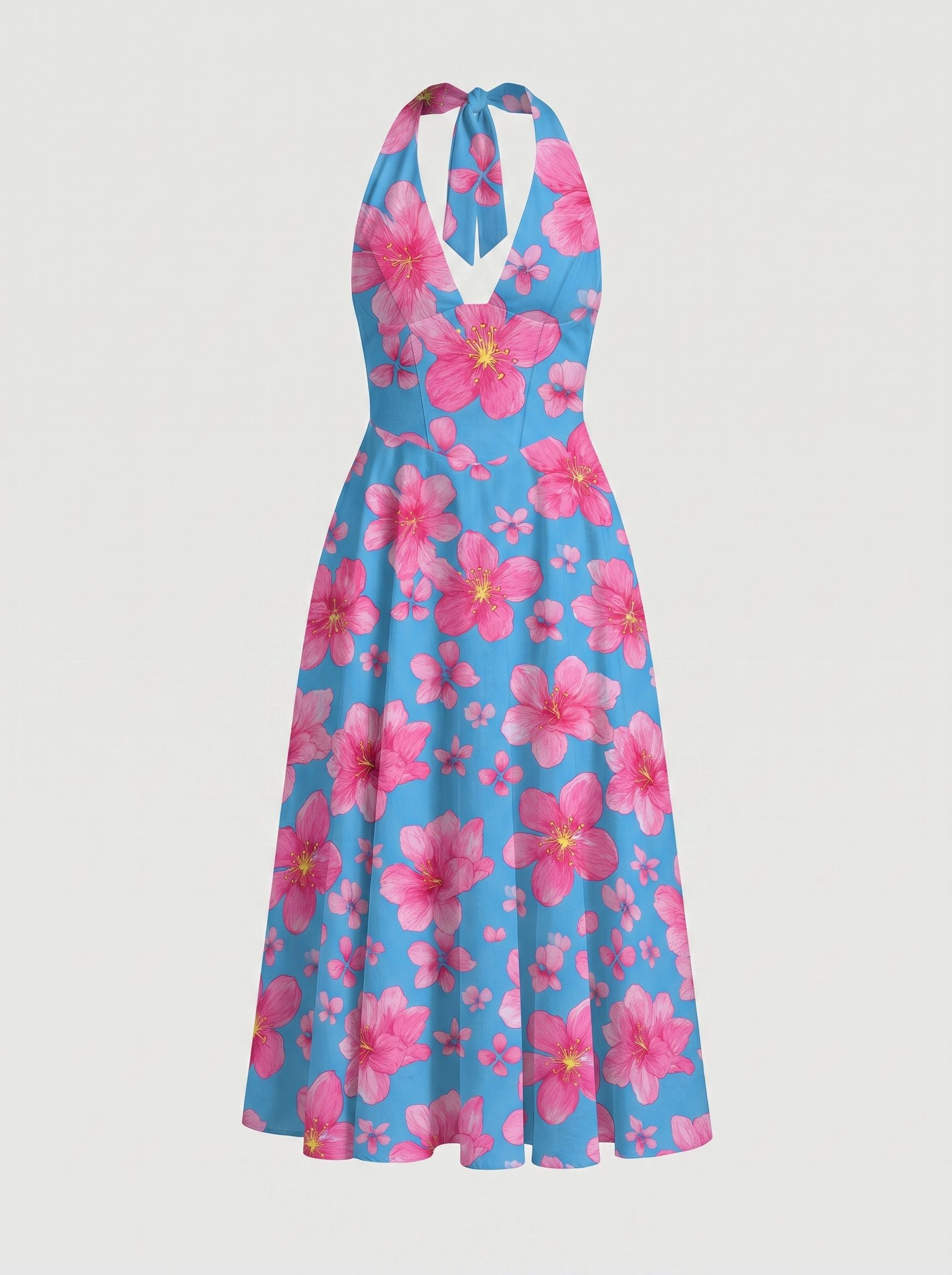 Floral Print Halter Neck Tie Back Midi Dress
