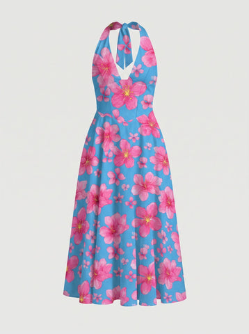 Floral Print Halter Neck Tie Back Midi Dress