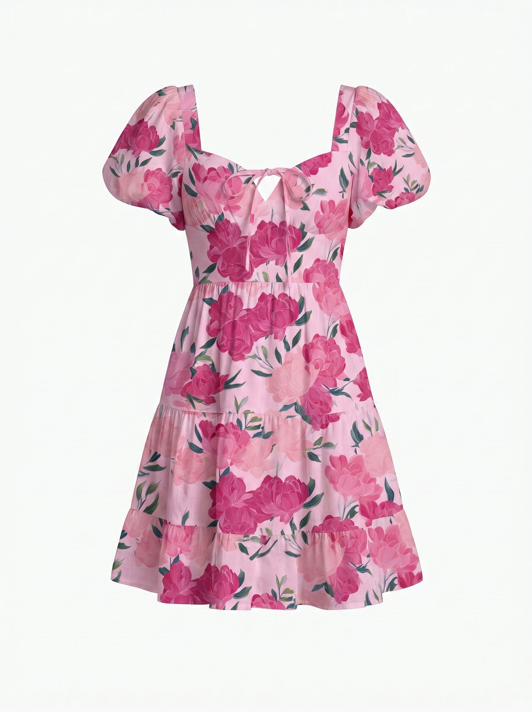 Floral Print Puff Sleeve Tiered Mini Dress