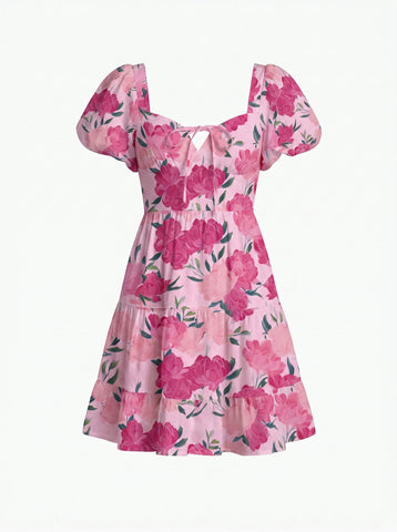 Floral Print Puff Sleeve Tiered Mini Dress