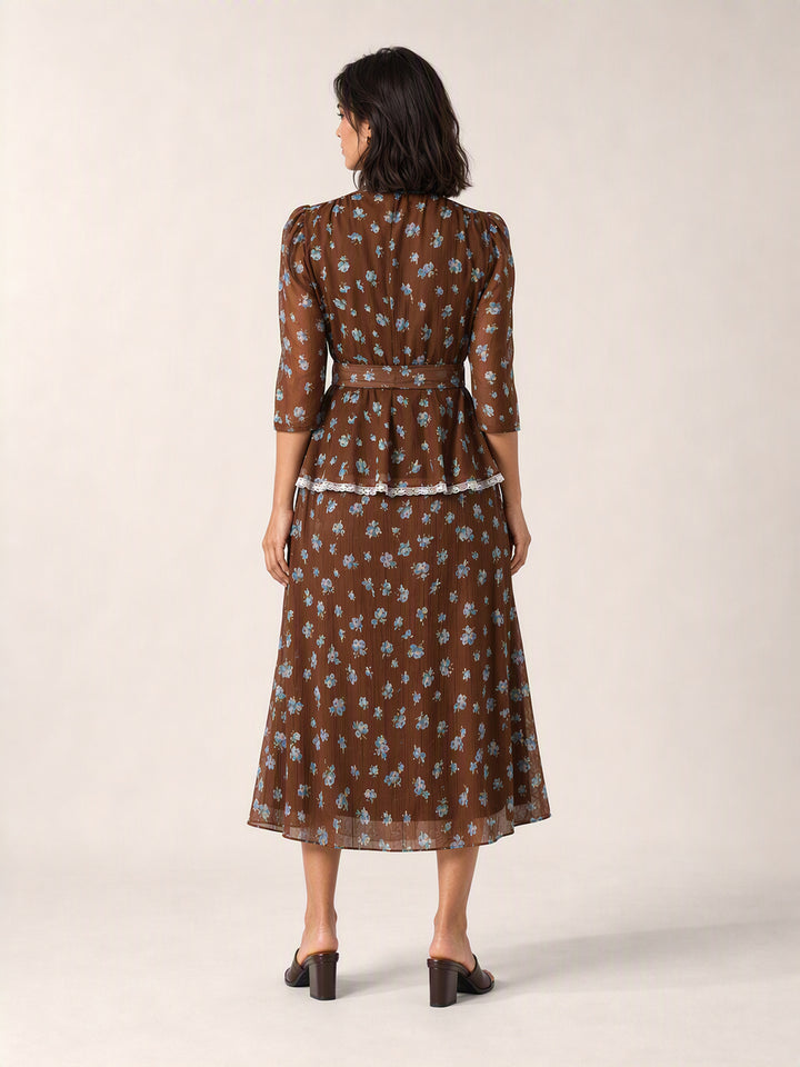 Floral Belted Puff Sleeve Skirt Set