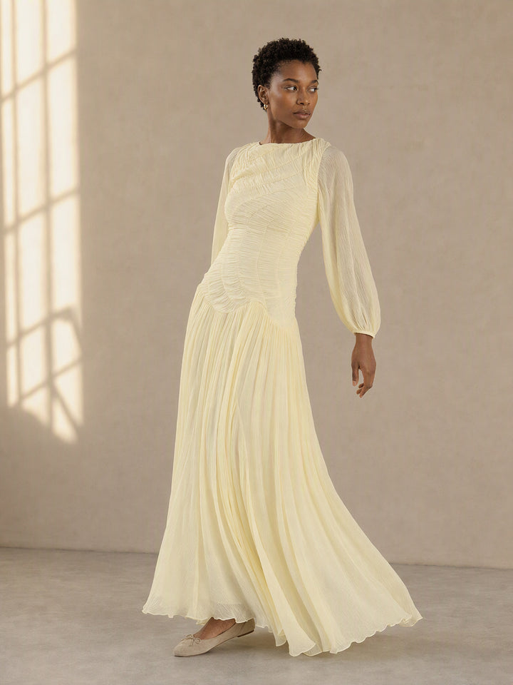 Ruched Chiffon Long Sleeve Dress