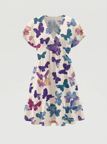 Floral Print V Neck Tiered Babydoll Mini Dress
