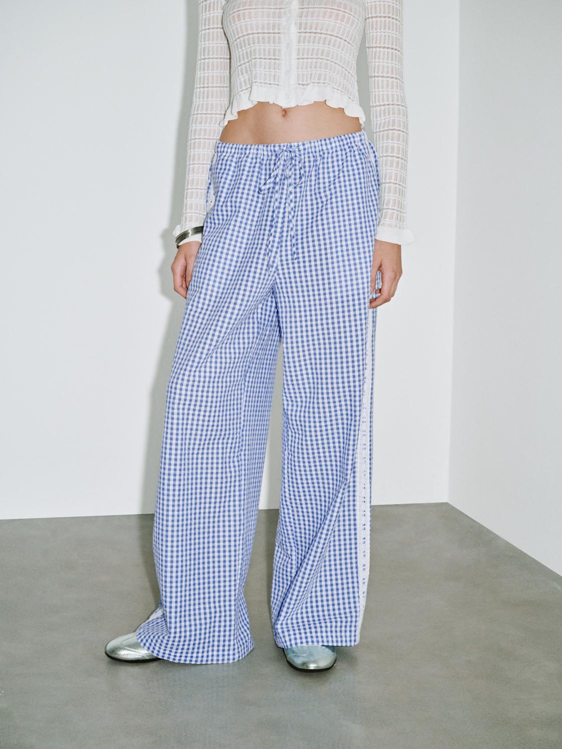Urban Revivo Wide-Leg Pants-Sky Blue Check