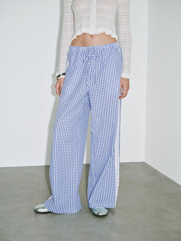 Urban Revivo Wide-Leg Pants-Sky Blue Check