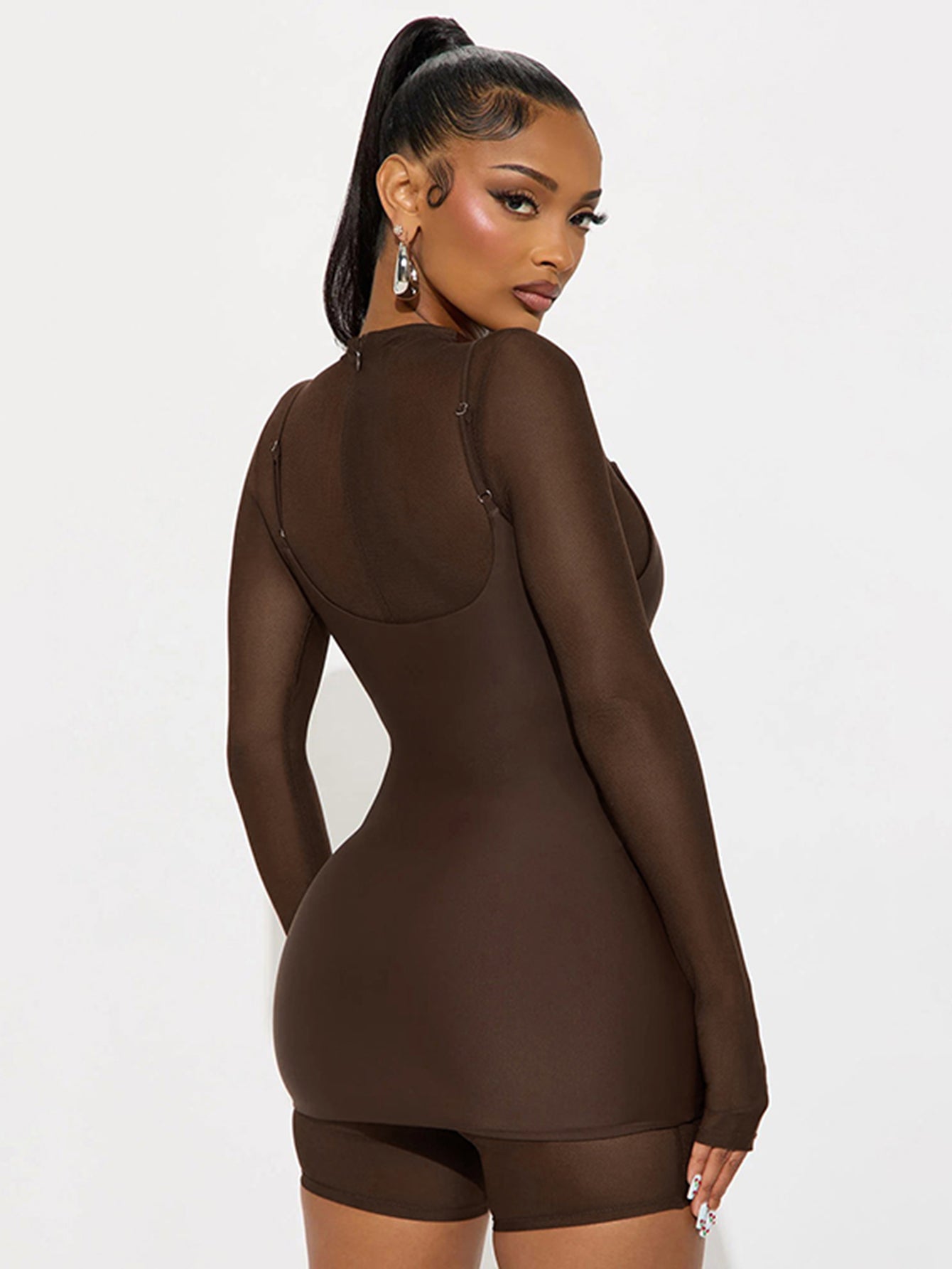 Sheer Sleeve Cropped Top Sexy Shorts Set