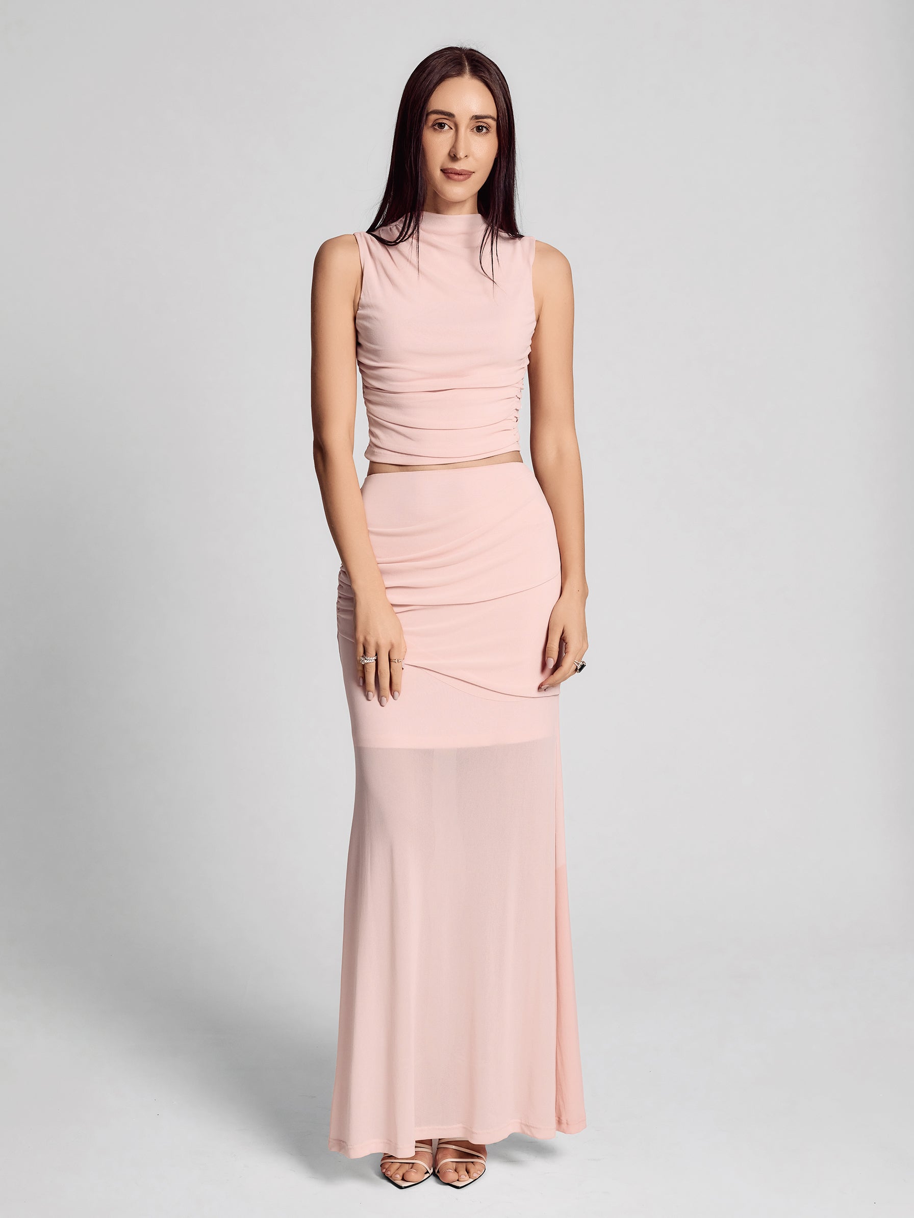 SAÏA Pleated Mesh Elegant Midi Skirt-Pink