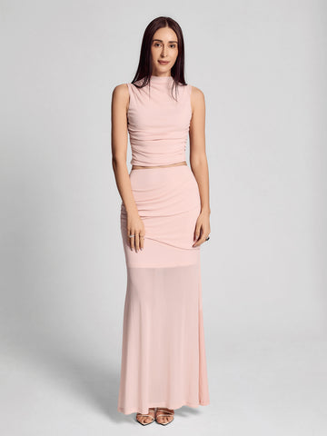 SAÏA Pleated Mesh Elegant Midi Skirt-Pink