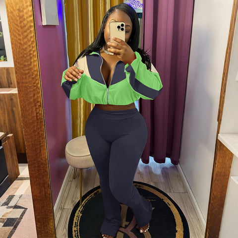 Colorblock Zipper Casual Pant Set
