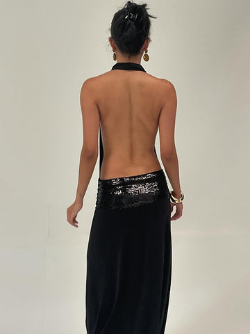 Sequin Waist Backless Cowl Dress