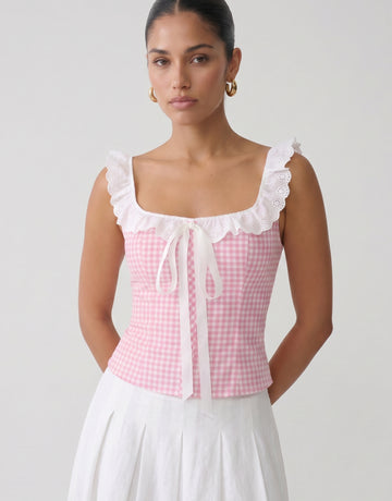 Gingham Eyelet Ruffle Trim Top