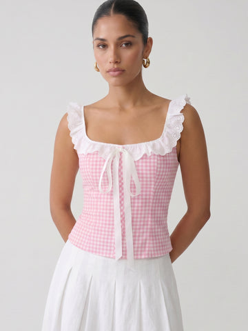 Gingham Eyelet Ruffle Trim Top