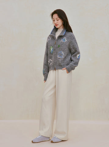 Cozy Floral Wool Zip Cardigan