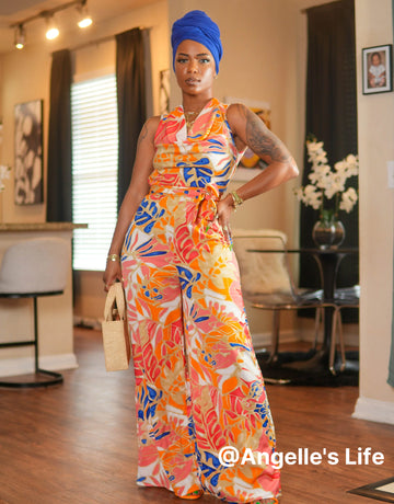 Deep V Neck Floral Print Elegant Jumpsuit