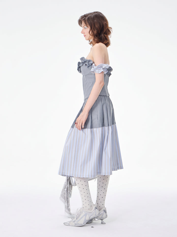 Colorblock Striped Pleated Midi Skirt