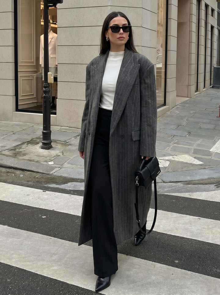 Oversized Pinstripe Tailored Long Wool Coat